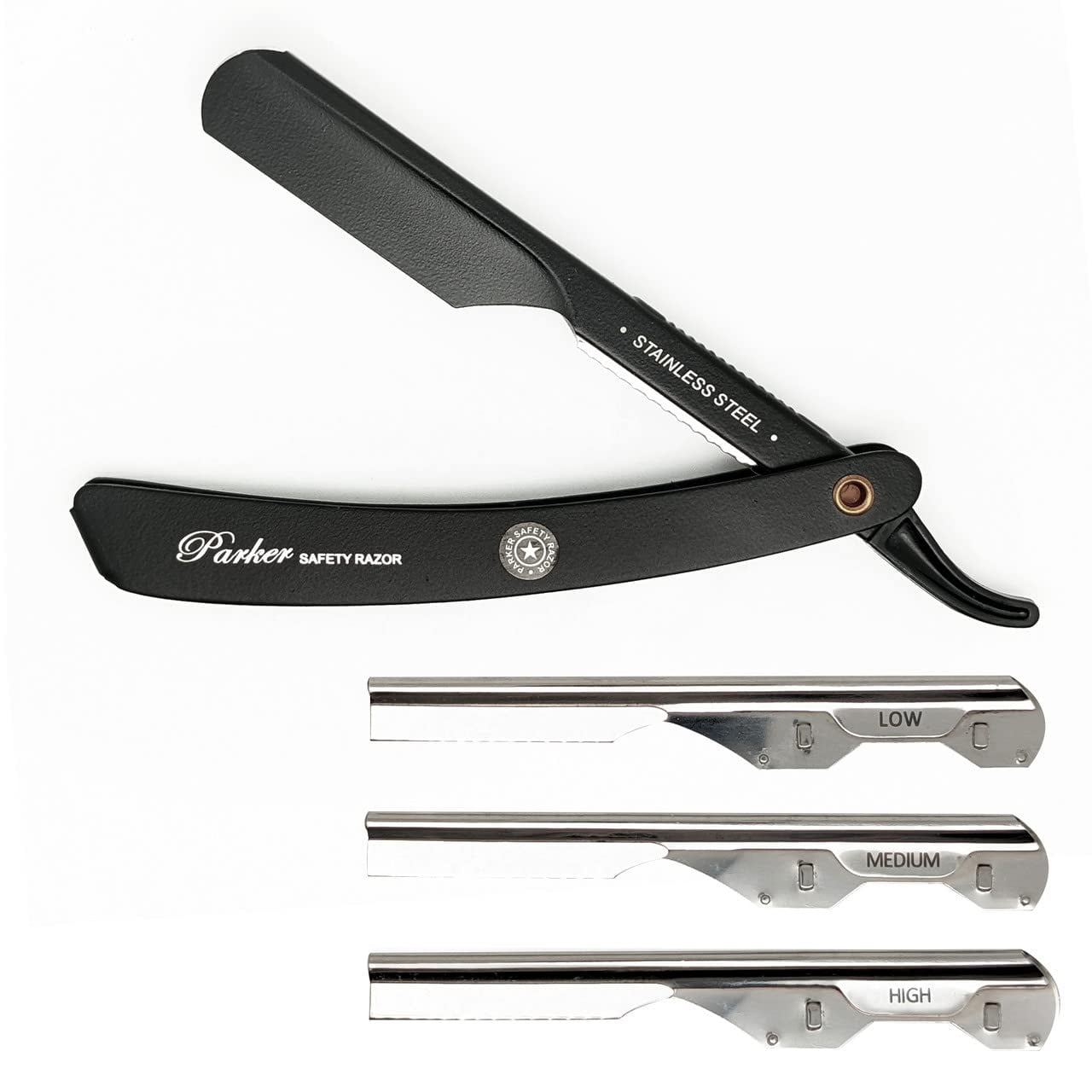 Parker Safety Razor,ADJUSTABLE Stainless Steel Black Handle Straight Barber Razor for Professionals-Customize your Shave with 3 Different Blade Inserts-5 Parker Premium Platinum Blades