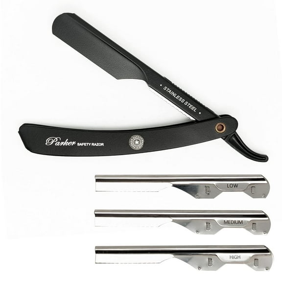Parker Safety Razor,ADJUSTABLE Stainless Steel Black Handle Straight Barber Razor for Professionals-Customize your Shave with 3 Different Blade Inserts-5 Parker Premium Platinum Blades