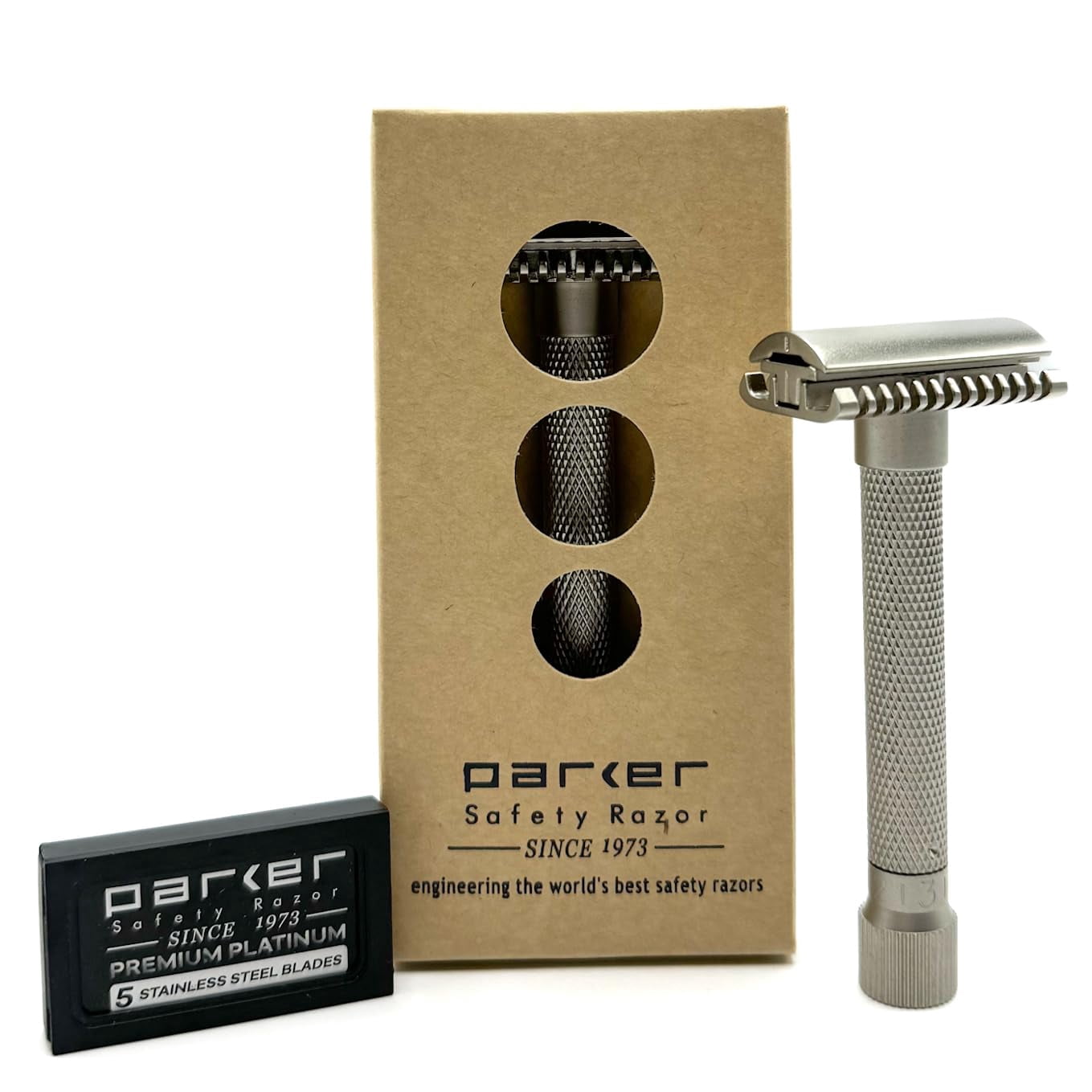The Parker VARIANT OPEN COMB - ADJUSTABLE Double Edge Safety Razor, Customize your Shave with a Turn of the Dial from Mild to Aggressive - 5 Blades Included (SATIN CHROME)