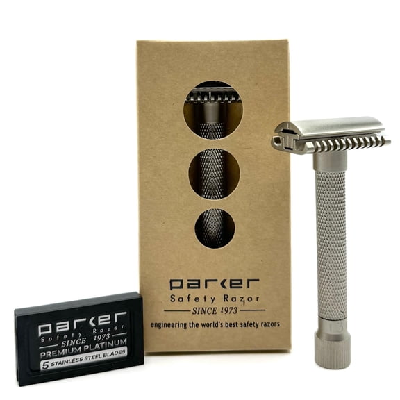 The Parker VARIANT OPEN COMB - ADJUSTABLE Double Edge Safety Razor, Customize your Shave with a Turn of the Dial from Mild to Aggressive - 5 Blades Included (SATIN CHROME)