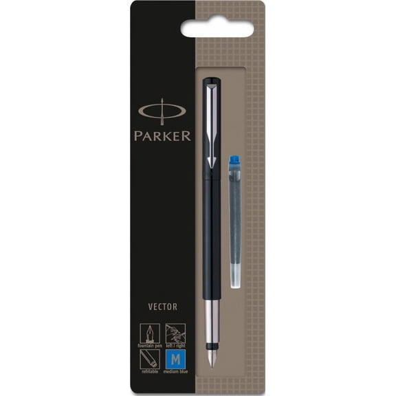 Parker Vector Fountain Pen | Black with Chrome Trim | Medium Nib | Blue Ink | Hangtab
