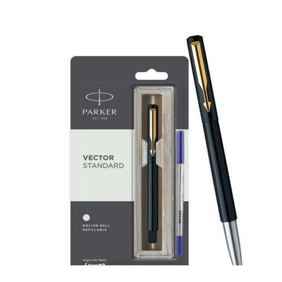 Parker Vector Standard Gold Trim Roller Ball Pen| Black Body Color | Ink Color - Blue