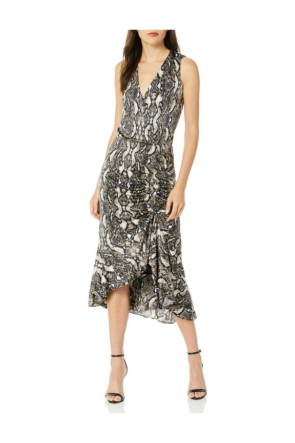 Women's Briony Sleeveless Wrap Front Ruched Botton Dress, Neutral Python, XS