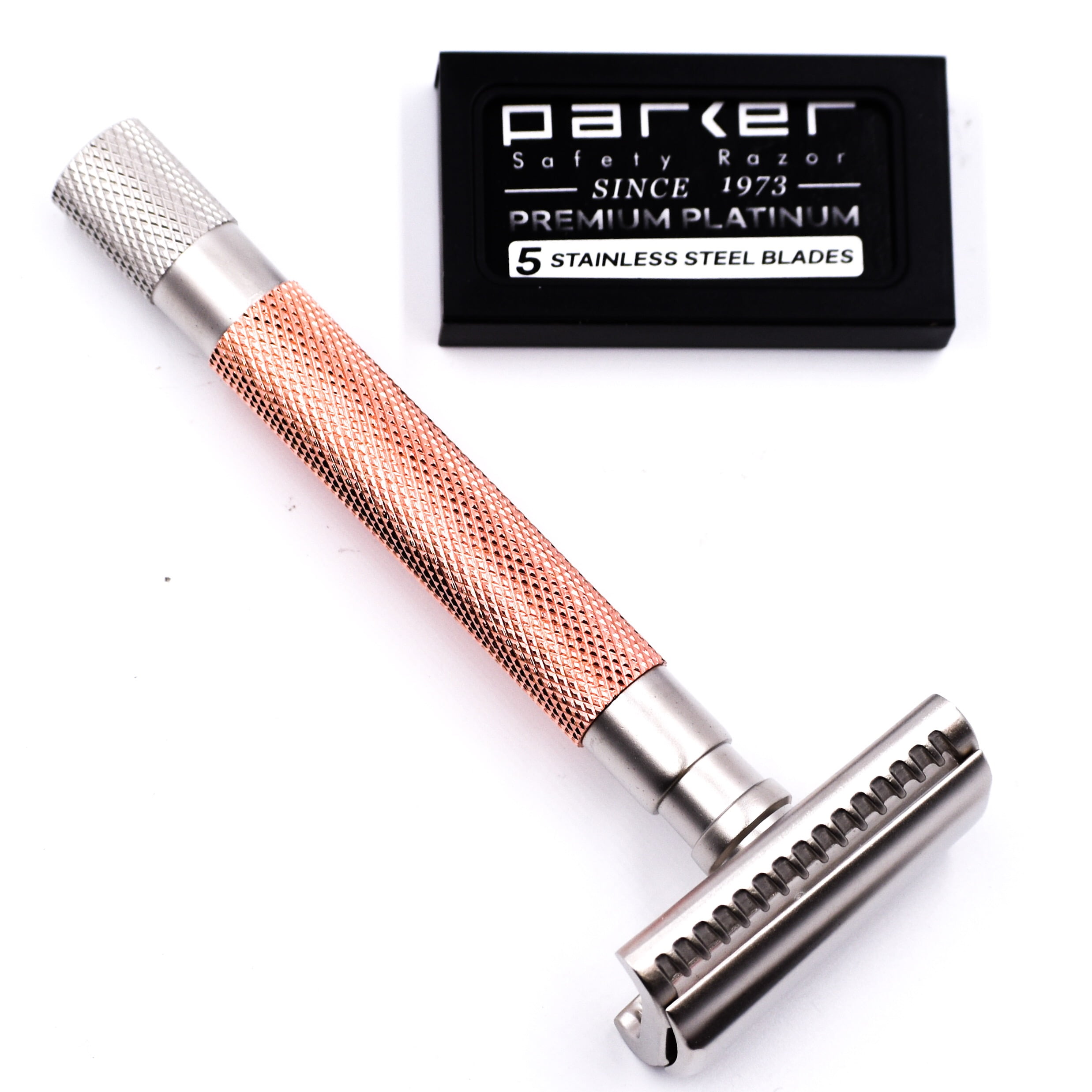 Parker's Semi Slant Safety Razor and 5 Parker Premium Double Edge Razor Blades - Rose Gold