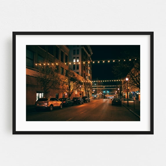 Parkersburg String Lights - Parkersburg West Virginia Photography Nightlife City Street Photography Architecture Vintage Neon Sign Black Framed Wall Art Print 5 x 7 inches