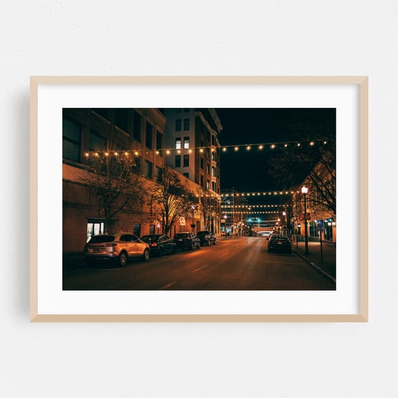 Parkersburg String Lights - Parkersburg West Virginia Photography Nightlife City Street Photography Architecture Vintage Neon Sign Oak Framed Wall Art Print 5 x 7 inches