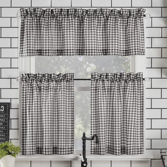 Parkham Farmhouse Plaid Semi-Sheer Rod Pocket Kitchen Curtain Valance and Tiers Set, 54" x 36", Black/White