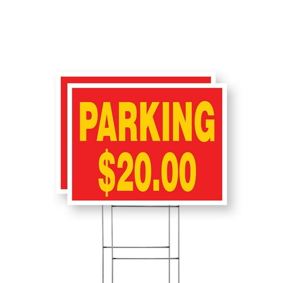 Parking $20 Dollars Yard Sign 2 Pack of 18 Inch x 24 Inch Single Sided Weatherproof Heavy-Duty Plastic with Stake | Event Parking, Premium Locations, Affordable Signage | Made in USA