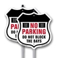 thumbnail image 1 of No Parking Do Not Block The Bays (2 Pack) 12 inch X 12 inch Shield Shaped Commercial Grade Plastic Signs with Aluminum Mounting Stakes Weather Resistant Made in the USA, 1 of 8