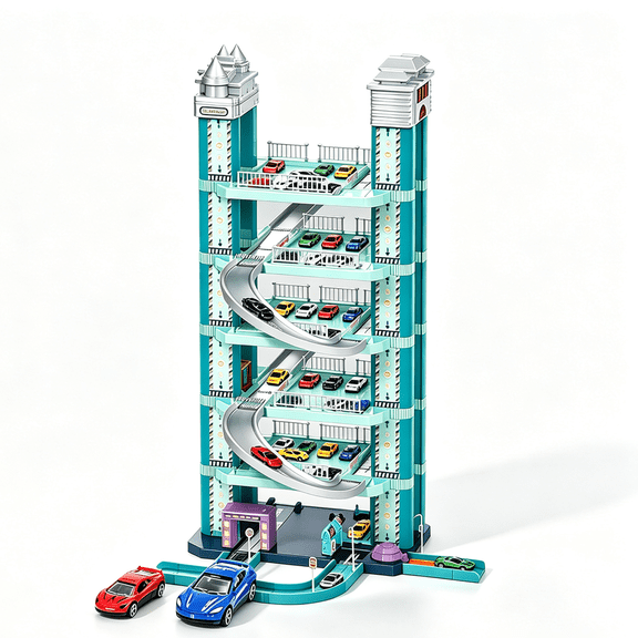 Parking Garage Playset Race Car Ramp Track Toy with 2 Mini Car, 6 Levels, Engineering Adventure Track Parking Lots, for Ages 3 and up