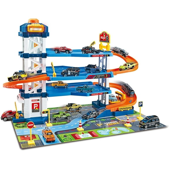 Parking Garage Toy Playset, Race Car Ramp Track Toys Sets with 6 Little Alloy Cars for Kids, Blue