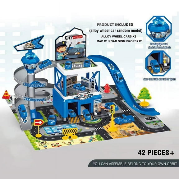 Parking Garage Toy Playset, Race Car Ramp Track with 3 Alloy Car for Toddler, Gifts for Age 3-7 Kids-Blue