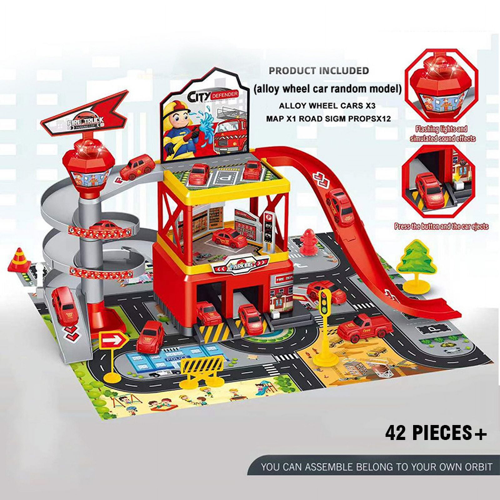 Parking Garage Toy Playset, Race Car Ramp Track with 3 Alloy Car for Toddler, Gifts for Age 3-7 Kids-Red