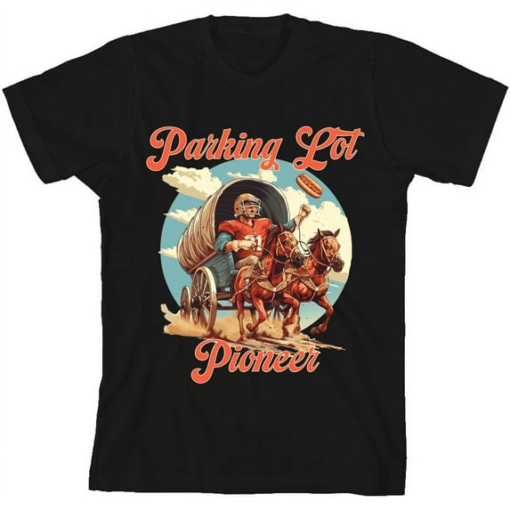 "Parking Lot Pioneer" Old West Wagon Football Cowboy Youth Black Short Sleeve Tee-Large