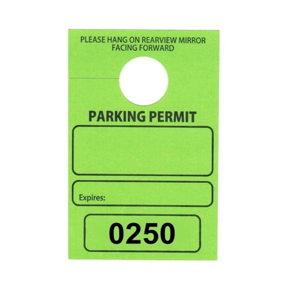 Parking Permit Hang Tags, 3 1/8 X 4 3/4, Green, Seq. Numbered 0250-0299, w Mirror Hole - Pack of 50 Tags