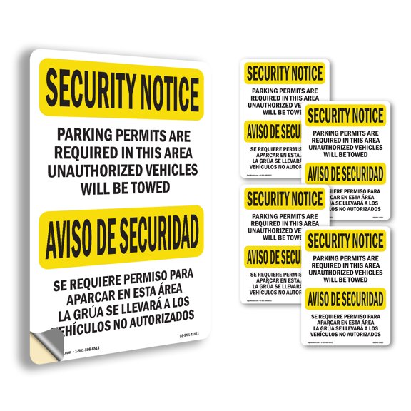 Parking Permits Required Bilingual OSHA Security Notice Vinyl Decal Label 5 Inch x 3.5 Inch - 5 Pack