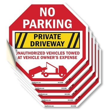 No Parking Private Driveway Unauthorized Vehicles Towed at Vehicle Owner's Expense (5 Pack) 4 inch X 4 inch Octagon Vinyl Label Decal Sticker Weather Resistant, UV Protected, Made in