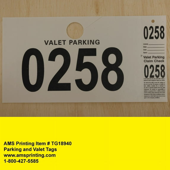 Parking-Valet & Claim Check Tags with Consecutively Numbering from 0001 to 1000. Printed in Black on 7.5 points White Uncoated Stock. TG18940. Size: 9 1/2" x 5". FREE Shipping. 1000 Tags