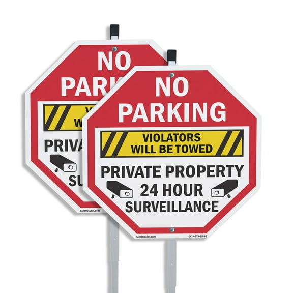 No Parking Violators Will Be Towed Private Property24 Hour Surveillance (2 Pack) 10 inch X 10 inch Octagon Aluminum Metal Signs with Aluminum Mounting Stakes Weather Resistant for
