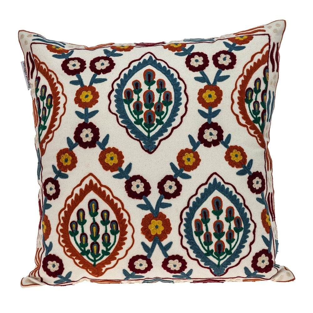 Florina Beige and Multicolor Cotton Embroidered Square Pillow