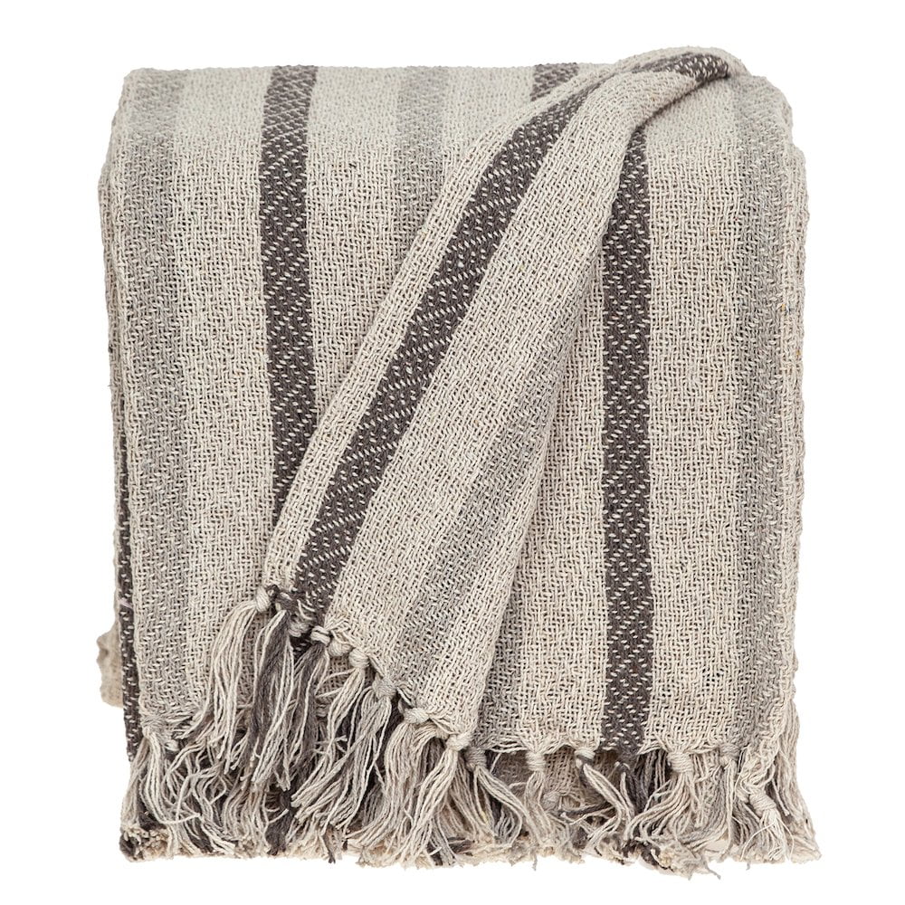 Beige and Taupe Woven Handloom Cotton Throw Blanket with Tassels
