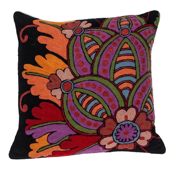 Parkland Collection Siacca Black Embroidered Floral Decorative Throw Pillow, 20 x 20 Cotton Accent Pillow