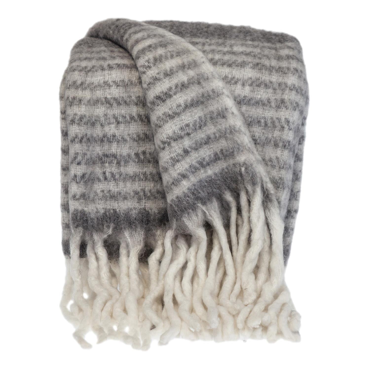 Gray and White Wool Handloom Throw Blanket, 52" x 67"