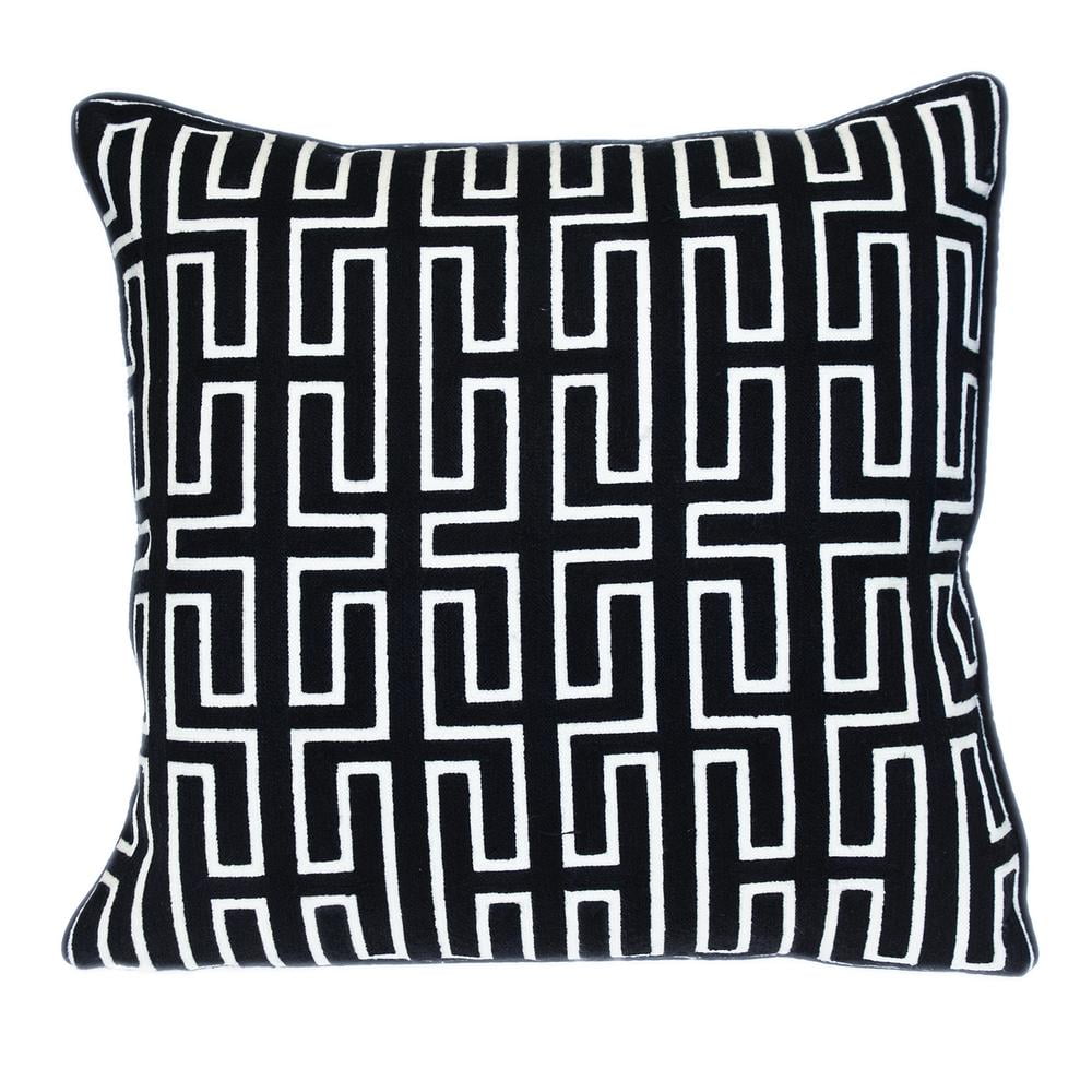 Black and White Geometric Embroidered Cotton Throw Pillow