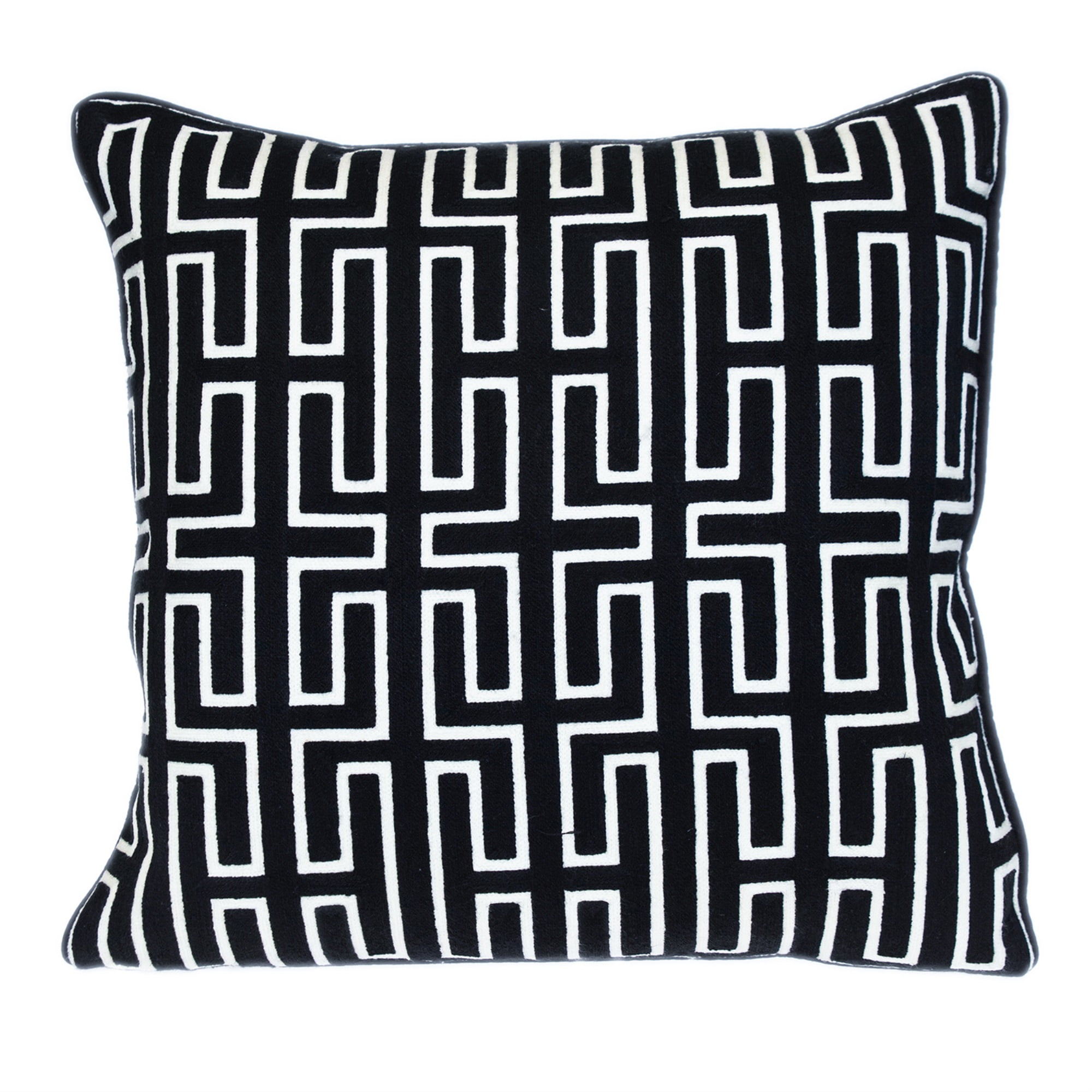 Black and White Geometric Embroidered Cotton Throw Pillow