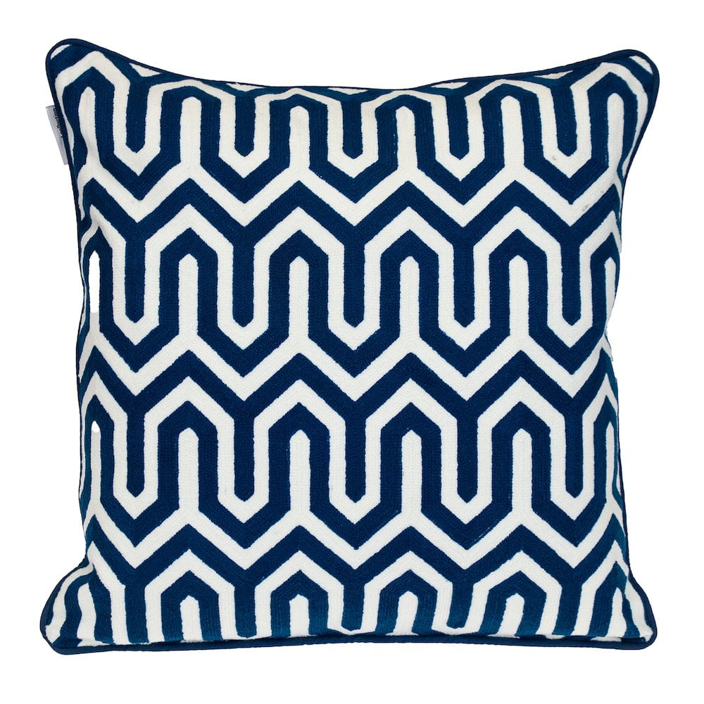 Blue and White Embroidered Geometric Square 20" Pillow