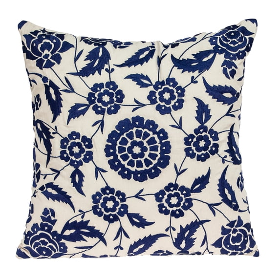 Nassau Collection Handmade Floral Square Cotton Throw Pillow - 22" - Beige and Blue