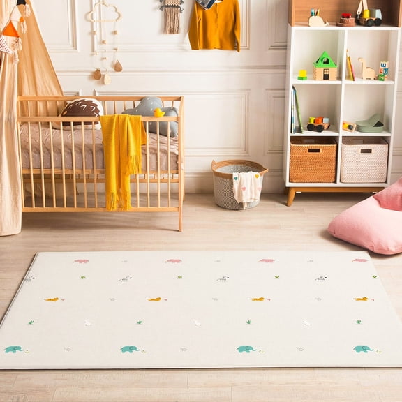 Parklon Ultra-Soft Cushioned Baby Play Mat (Jungle Friends + Double Herringbone Beige, One-Piece, Reversible, Water Resistant, Medium)
