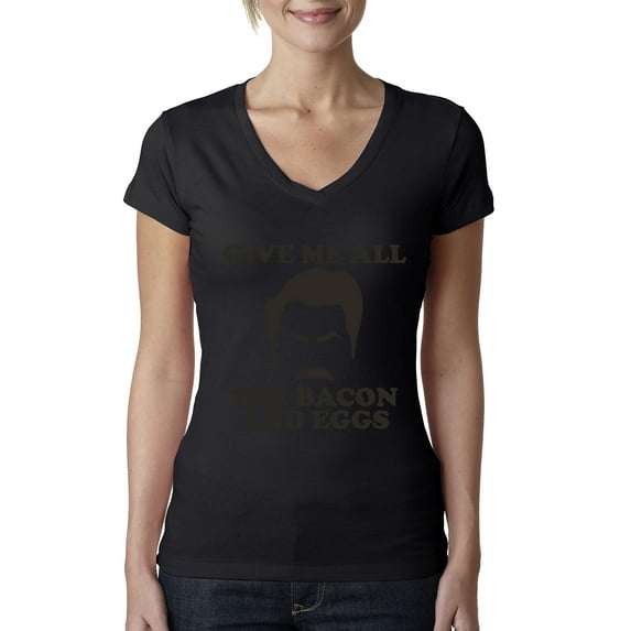 Parks and Recreations Give Me All The Bacon and Eggs Pop Female Junior Fit V-Neck Tee, Black, Large