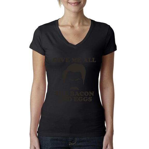 Parks and Recreations Give Me All The Bacon and Eggs Pop Female Junior Fit V-Neck Tee, Black, Small