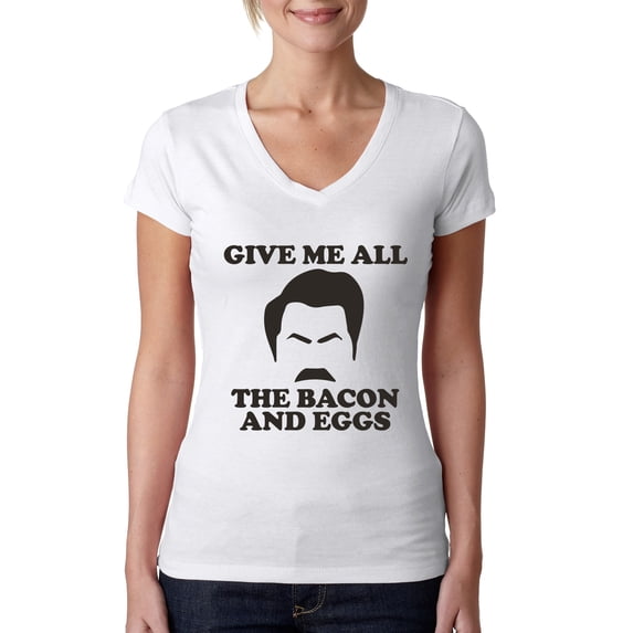 Parks and Recreations Give Me All The Bacon and Eggs Pop Female Junior Fit V-Neck Tee, White, 2XL