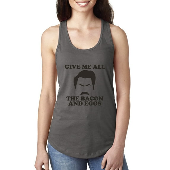 Parks and Recreations Give Me All The Bacon and Eggs Pop Ladies Racerback Tank Top, Dark Grey, Large