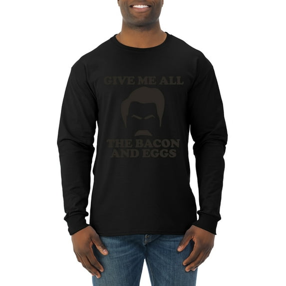 Parks and Recreations Give Me All The Bacon and Eggs Pop Male Long Sleeve Shirt, Black, Medium