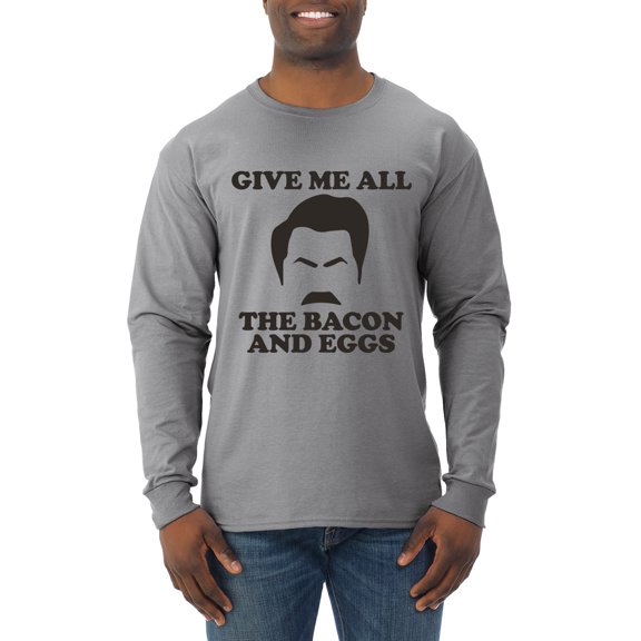 Parks and Recreations Give Me All The Bacon and Eggs Pop Male Long Sleeve Shirt, Heather Grey, 2XL