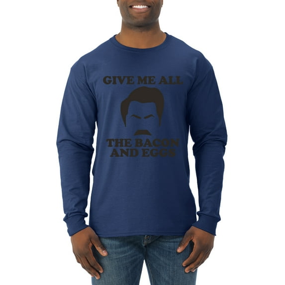 Parks and Recreations Give Me All The Bacon and Eggs Pop Male Long Sleeve Shirt, Navy, Small