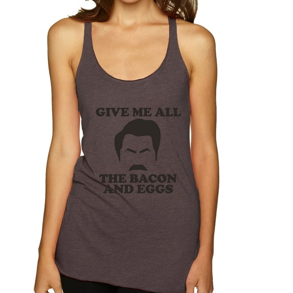 Parks and Recreations Give Me All The Bacon and Eggs Pop Tri-Blend Racerback Tank Top, Brown, X-Large