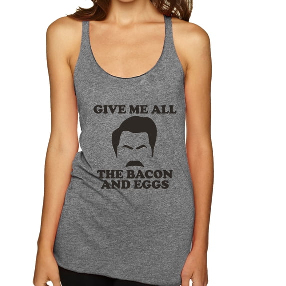 Parks and Recreations Give Me All The Bacon and Eggs Pop Tri-Blend Racerback Tank Top, Premium Heather, Small