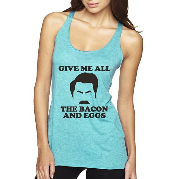 Parks and Recreations Give Me All The Bacon and Eggs Pop Tri-Blend Racerback Tank Top, Tahiti Blue, Large