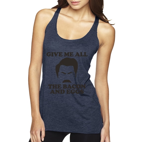 Parks and Recreations Give Me All The Bacon and Eggs Pop Tri-Blend Racerback Tank Top, Vintage Navy, Medium
