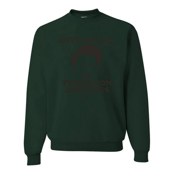 Parks and Recreations Give Me All The Bacon and Eggs Pop Unisex Crewneck Graphic Sweatshirt, Forest Green, X-Large