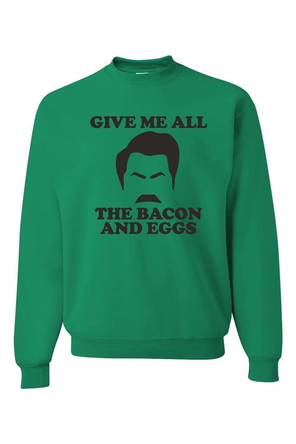 Parks and Recreations Give Me All The Bacon and Eggs Pop Unisex Crewneck Graphic Sweatshirt, Kelly, Large