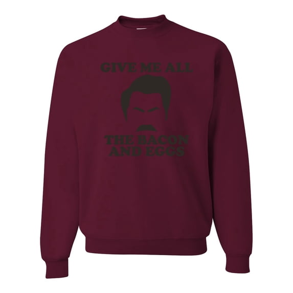 Parks and Recreations Give Me All The Bacon and Eggs Pop Unisex Crewneck Graphic Sweatshirt, Maroon, 3XL