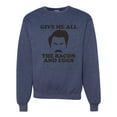 thumbnail image 1 of Parks and Recreations Give Me All The Bacon and Eggs Pop Unisex Crewneck Graphic Sweatshirt, Vintage Heather Navy, Large, 1 of 3