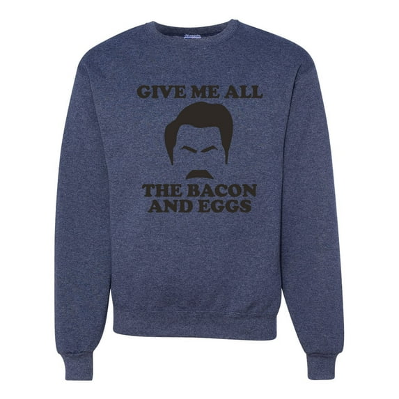 Parks and Recreations Give Me All The Bacon and Eggs Pop Unisex Crewneck Graphic Sweatshirt, Vintage Heather Navy, Small