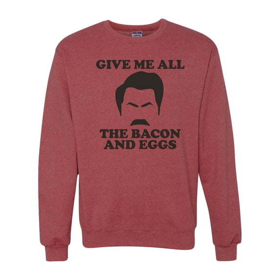 Parks and Recreations Give Me All The Bacon and Eggs Pop Unisex Crewneck Graphic Sweatshirt, Vintage Heather Red, Medium