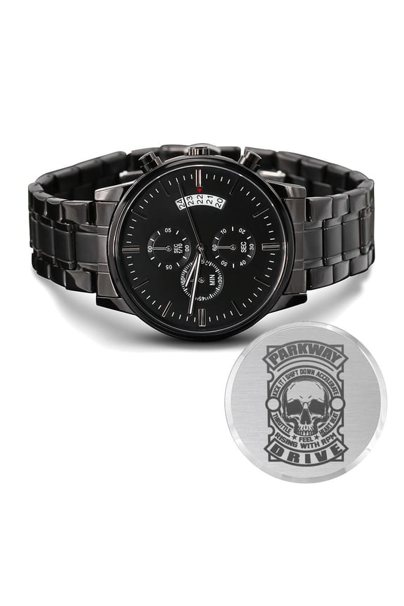 Parkway Drive Engraved Motorcycle Rider Men's Watch Multifunction Stainless Steel W Copper Dial